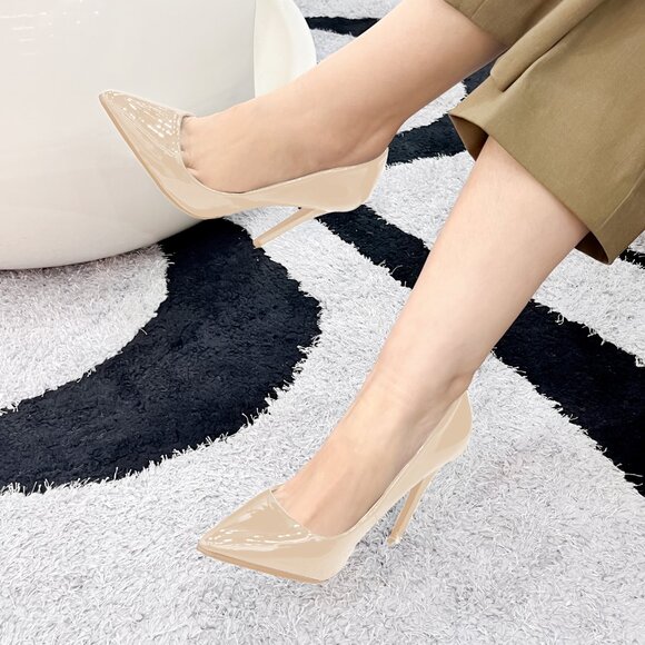 LURNYET NUDE PATENT Women Pointed-Toe Pumps with Stiletto 4 inch Heels - Picture 1 of 5